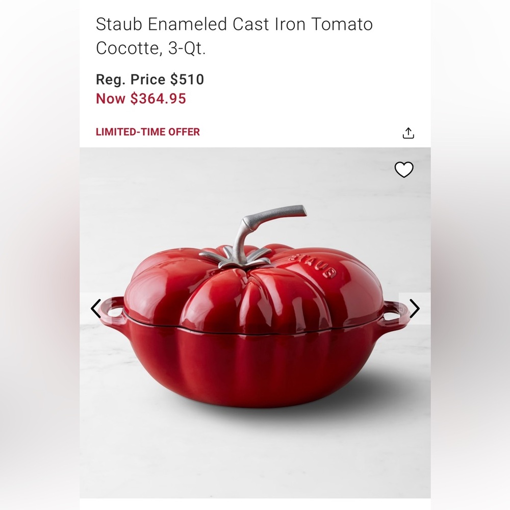 Brand New Staub Red Cast Iron Tomato Cocotte, 3-Qt.